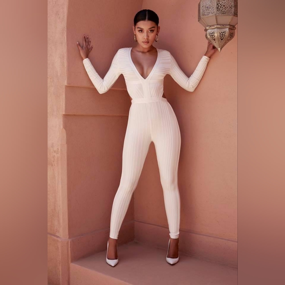 House of CB Arya White Long Sleeve Plunge Neck Stretch Texture Pant Jumpsuit- S - Picture 14 of 14